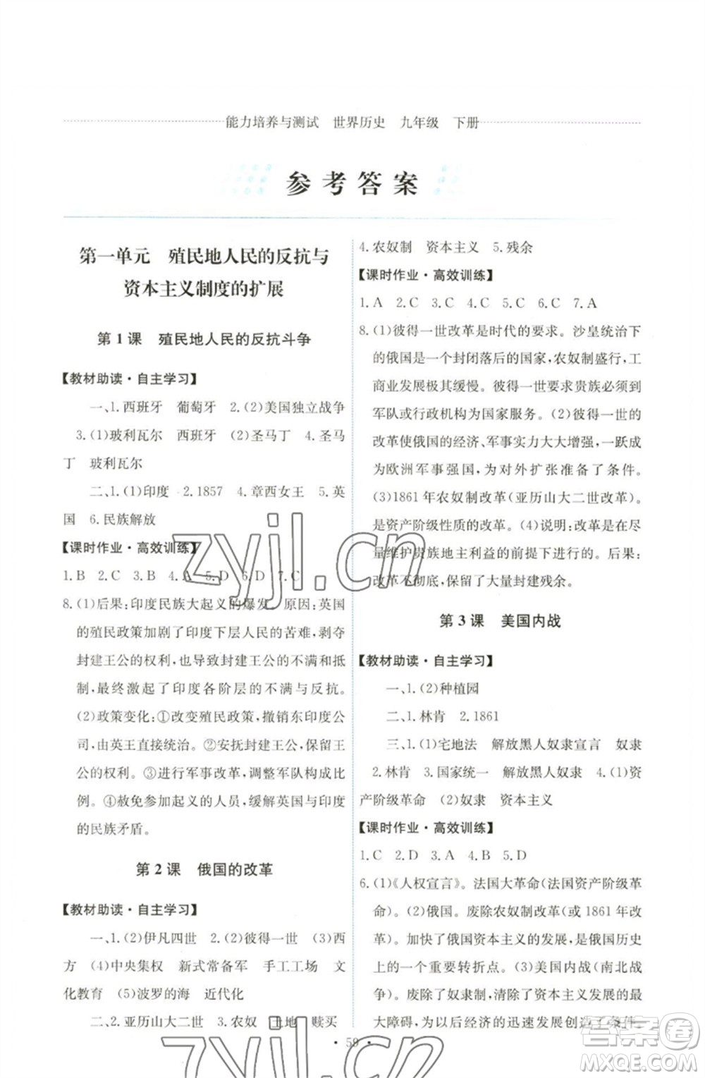 人民教育出版社2023能力培養(yǎng)與測試九年級世界歷史下冊人教版湖南專版參考答案