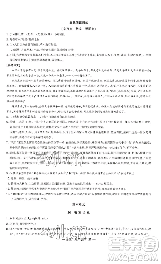 寧夏人民教育出版社2023經(jīng)綸學(xué)典課時(shí)作業(yè)九年級(jí)下冊(cè)語(yǔ)文人教版答案