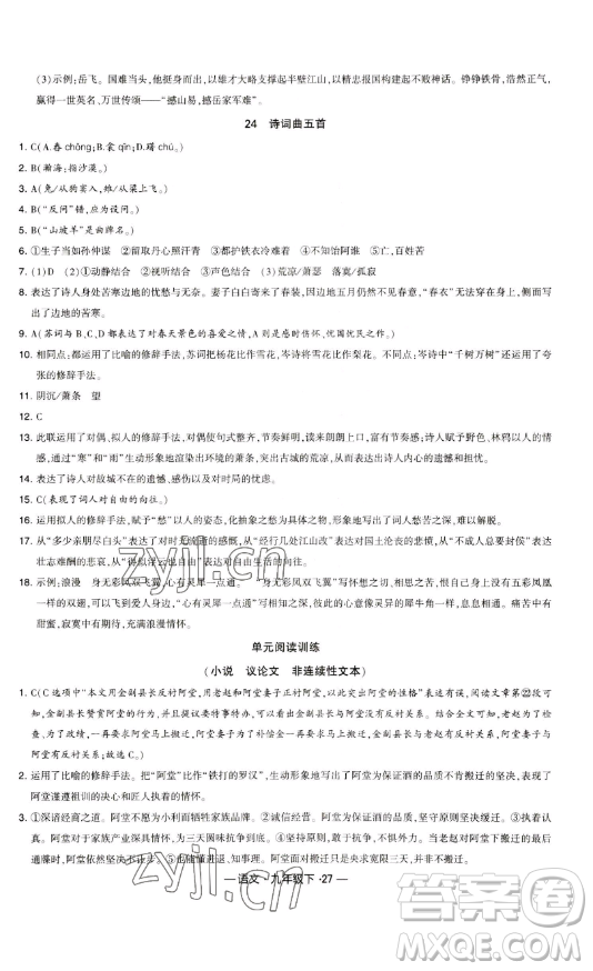 寧夏人民教育出版社2023經(jīng)綸學(xué)典課時(shí)作業(yè)九年級(jí)下冊(cè)語(yǔ)文人教版答案