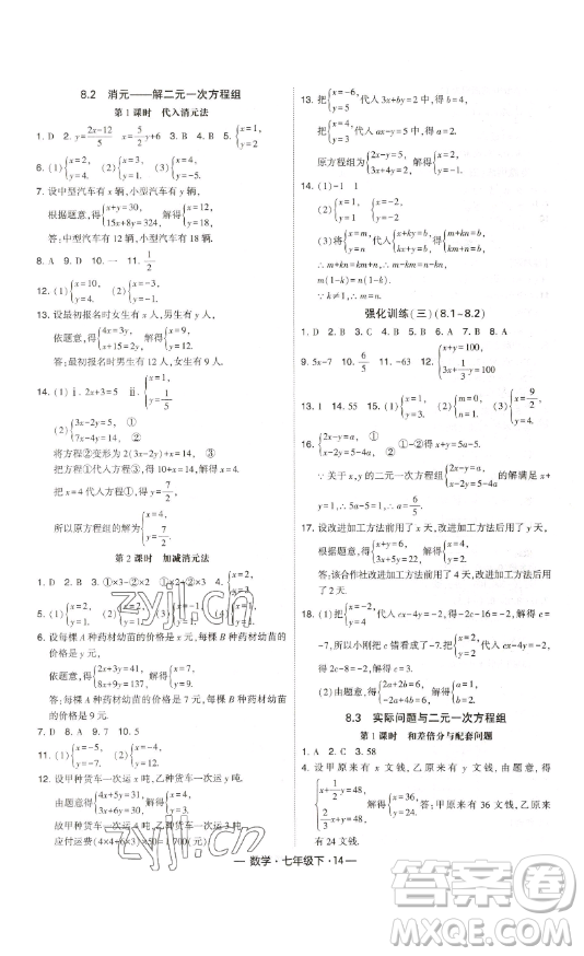 河海大學出版社2023經(jīng)綸學典課時作業(yè)七年級下冊數(shù)學人教版答案