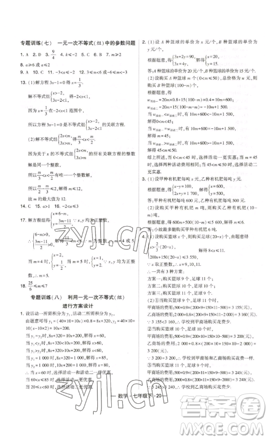 河海大學出版社2023經(jīng)綸學典課時作業(yè)七年級下冊數(shù)學人教版答案