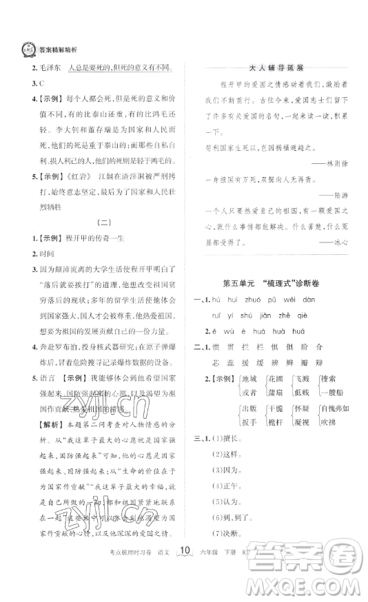 王朝霞考點梳理時習卷六年級下冊語文人教版答案