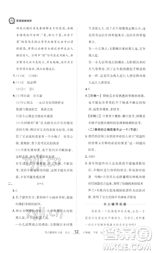 王朝霞考點梳理時習卷六年級下冊語文人教版答案