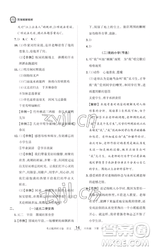 王朝霞考點梳理時習卷六年級下冊語文人教版答案