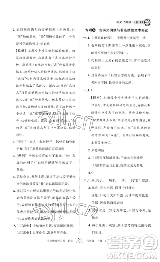 王朝霞考點梳理時習卷六年級下冊語文人教版答案