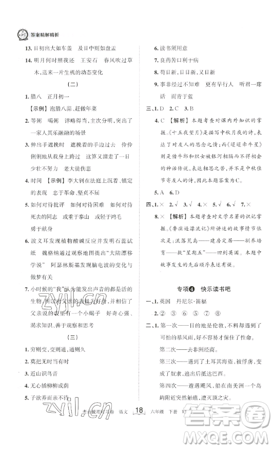 王朝霞考點梳理時習卷六年級下冊語文人教版答案