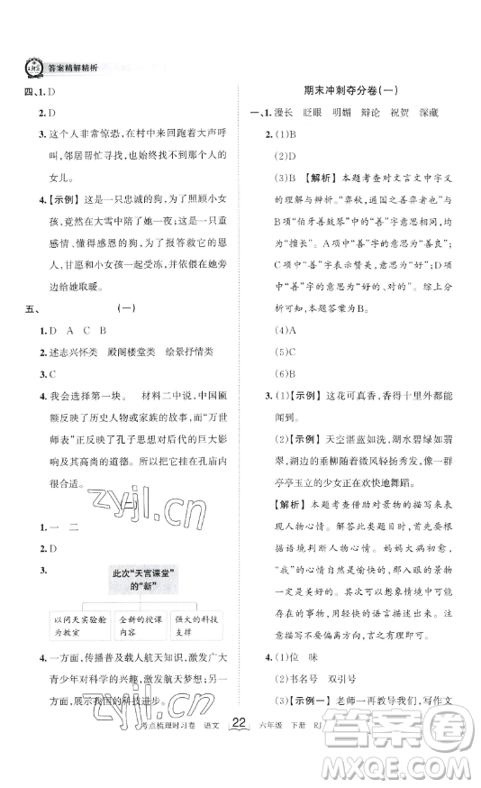 王朝霞考點梳理時習卷六年級下冊語文人教版答案