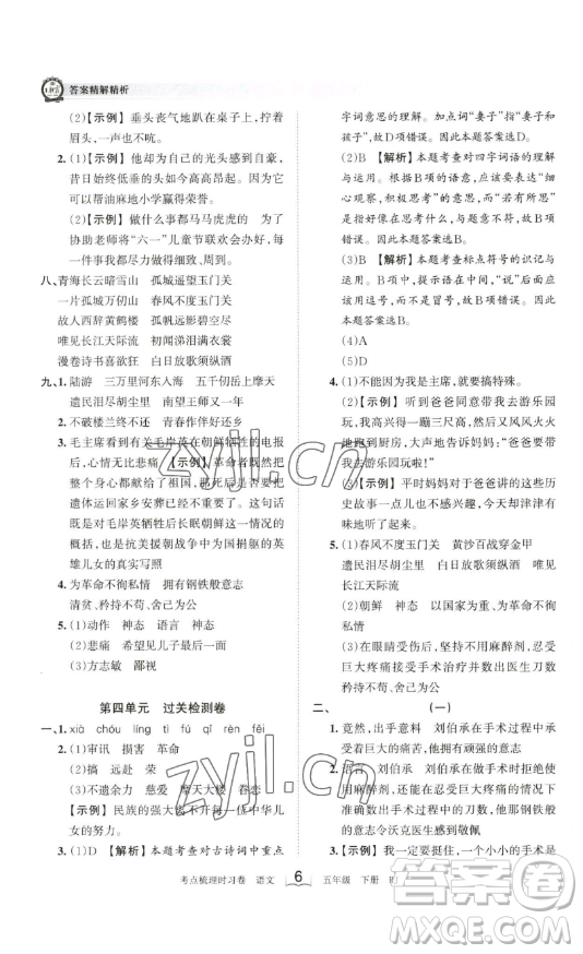 江西人民出版社2023王朝霞考點(diǎn)梳理時(shí)習(xí)卷五年級(jí)下冊(cè)語文人教版答案