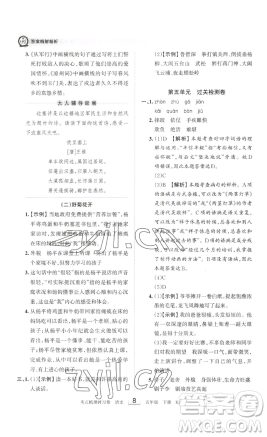 江西人民出版社2023王朝霞考點(diǎn)梳理時(shí)習(xí)卷五年級(jí)下冊(cè)語文人教版答案