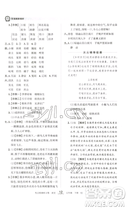 江西人民出版社2023王朝霞考點(diǎn)梳理時(shí)習(xí)卷五年級(jí)下冊(cè)語文人教版答案