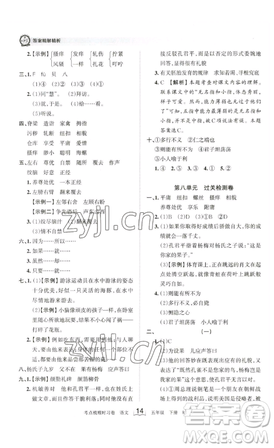 江西人民出版社2023王朝霞考點(diǎn)梳理時(shí)習(xí)卷五年級(jí)下冊(cè)語文人教版答案