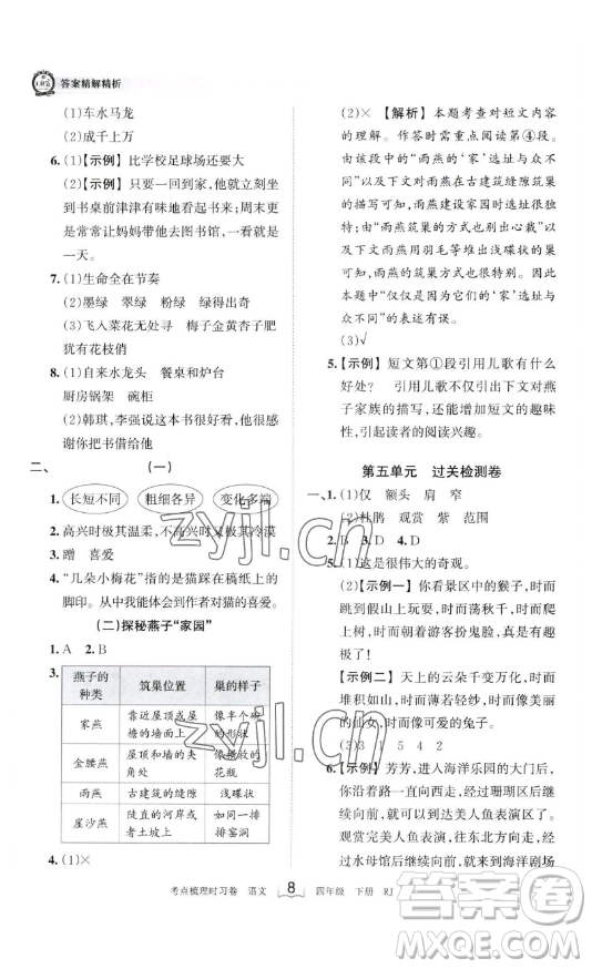 江西人民出版社2023王朝霞考點梳理時習卷四年級下冊語文人教版答案