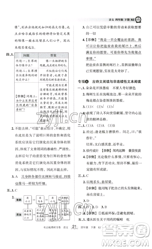 江西人民出版社2023王朝霞考點梳理時習卷四年級下冊語文人教版答案