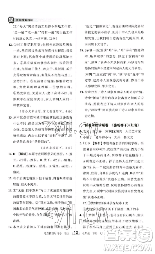 江西人民出版社2023王朝霞考點(diǎn)梳理時(shí)習(xí)卷七年級(jí)下冊(cè)語文人教版答案