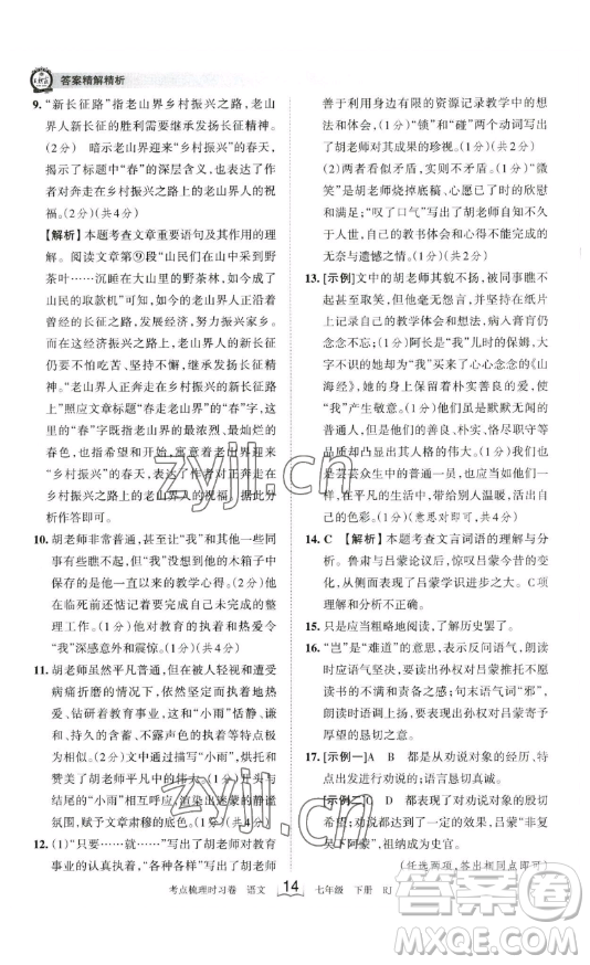 江西人民出版社2023王朝霞考點(diǎn)梳理時(shí)習(xí)卷七年級(jí)下冊(cè)語文人教版答案