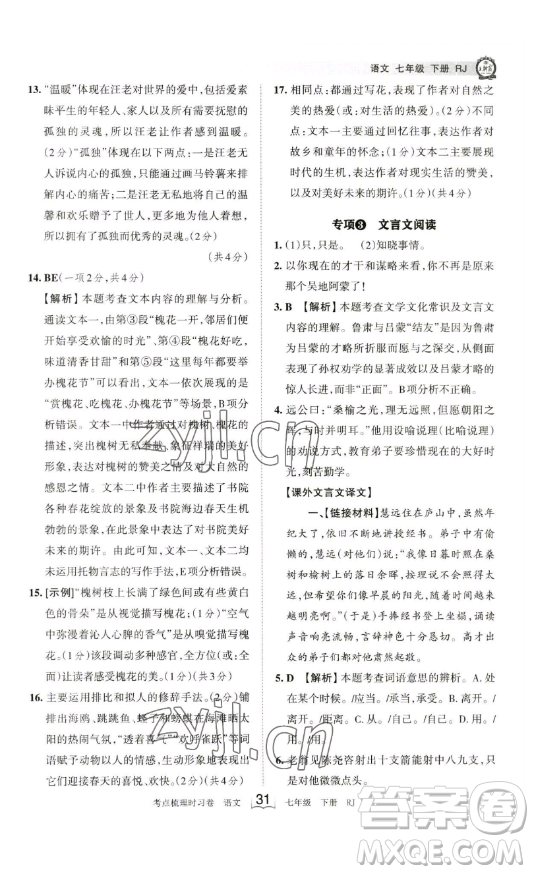 江西人民出版社2023王朝霞考點(diǎn)梳理時(shí)習(xí)卷七年級(jí)下冊(cè)語文人教版答案