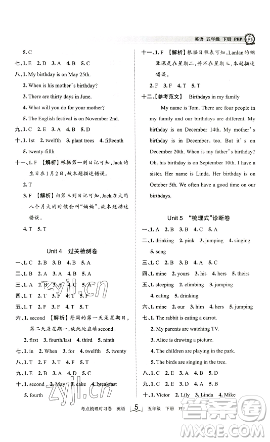 江西人民出版社2023王朝霞考點梳理時習(xí)卷五年級下冊英語人教PEP版答案