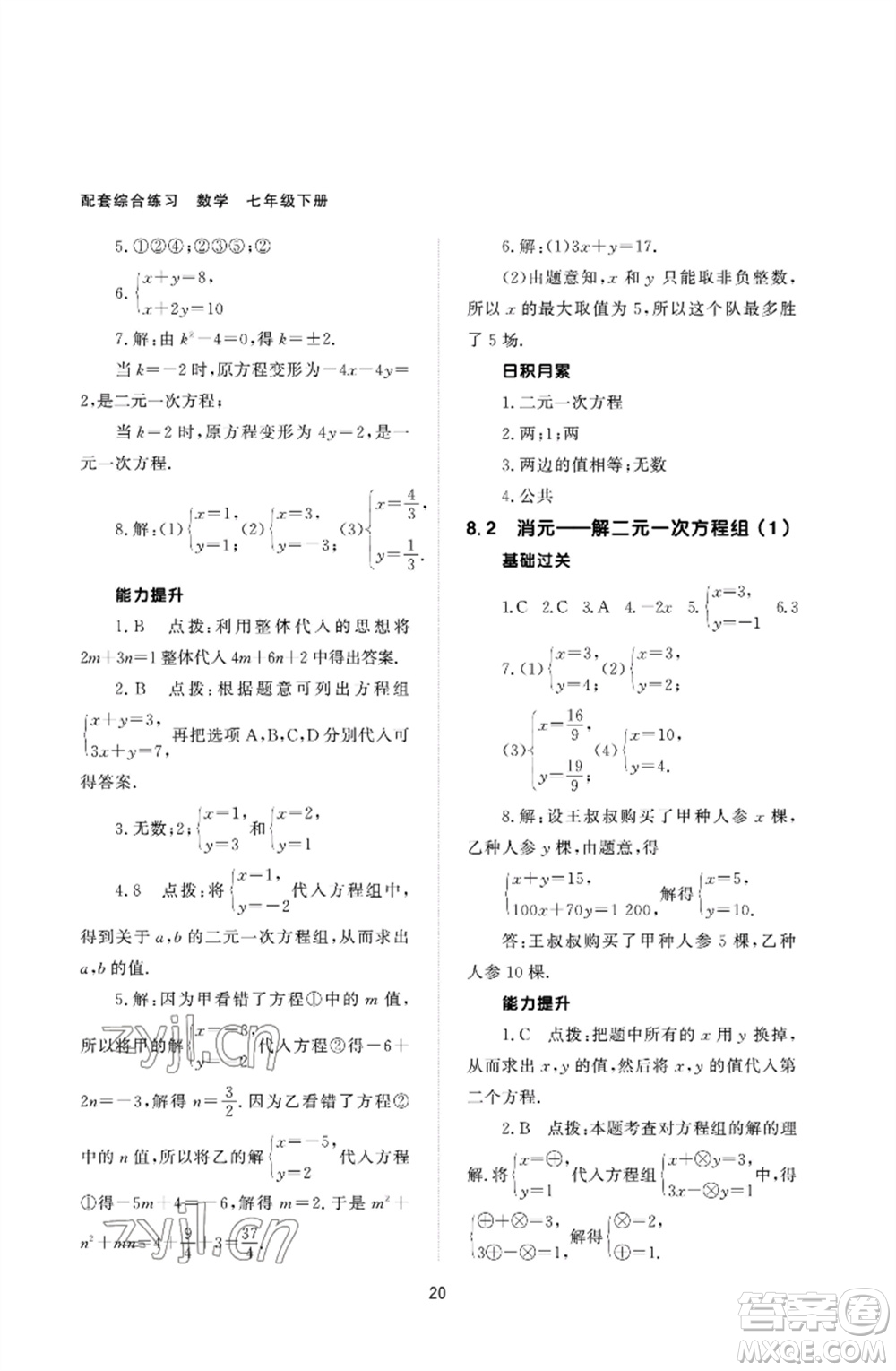 北京師范大學(xué)出版社2023數(shù)學(xué)配套綜合練習(xí)七年級(jí)下冊(cè)人教版參考答案