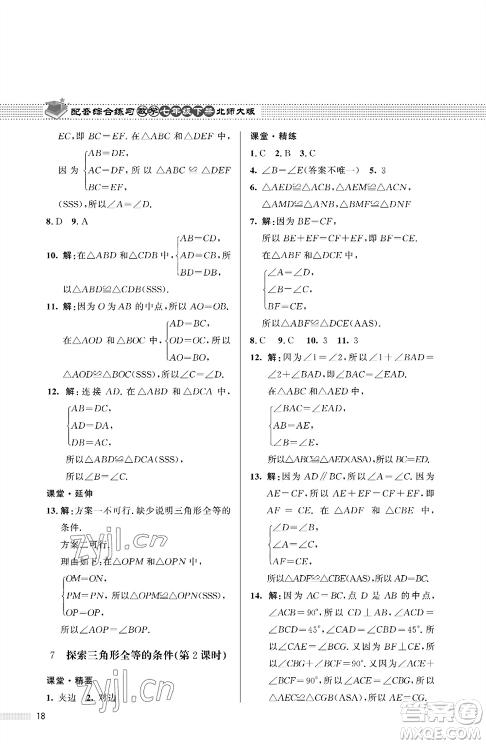 北京師范大學(xué)出版社2023數(shù)學(xué)配套綜合練習(xí)七年級(jí)下冊(cè)北師大版參考答案