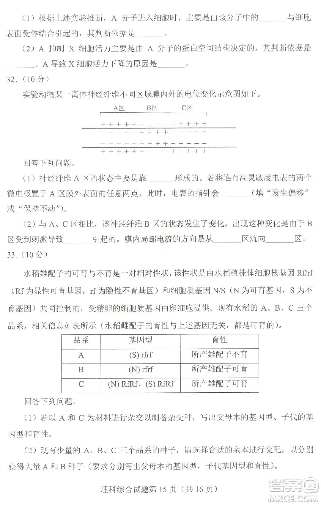 2023四省聯(lián)考高三適應(yīng)性能力測(cè)試卷理科綜合試卷答案