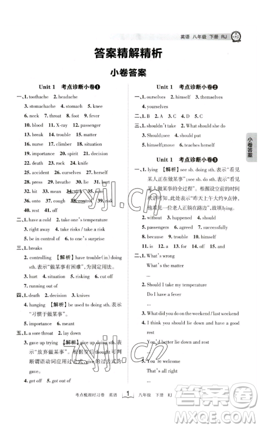 江西人民出版社2023王朝霞考點梳理時習(xí)卷八年級下冊英語人教版答案