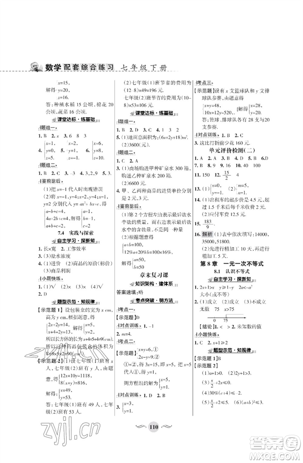 甘肅文化出版社2023數(shù)學(xué)配套綜合練習(xí)七年級(jí)下冊(cè)華師大版參考答案