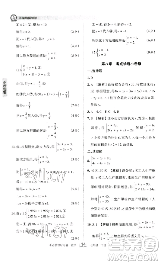 江西人民出版社2023王朝霞考點(diǎn)梳理時(shí)習(xí)卷七年級(jí)下冊(cè)數(shù)學(xué)人教版答案