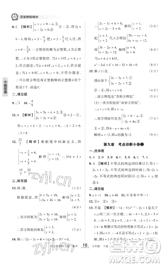 江西人民出版社2023王朝霞考點(diǎn)梳理時(shí)習(xí)卷七年級(jí)下冊數(shù)學(xué)人教版答案