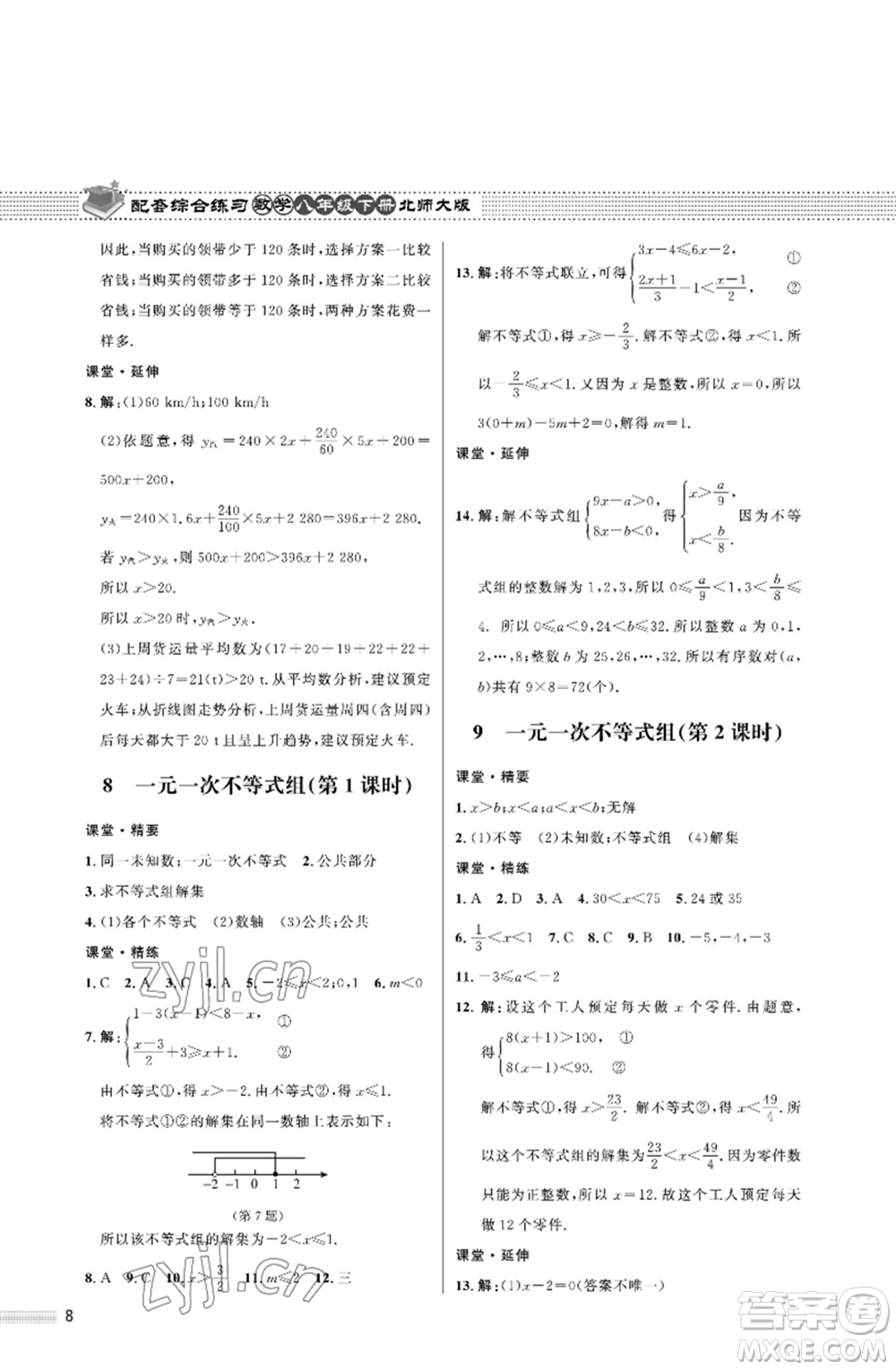 北京師范大學(xué)出版社2023數(shù)學(xué)配套綜合練習(xí)八年級(jí)下冊(cè)北師大版參考答案