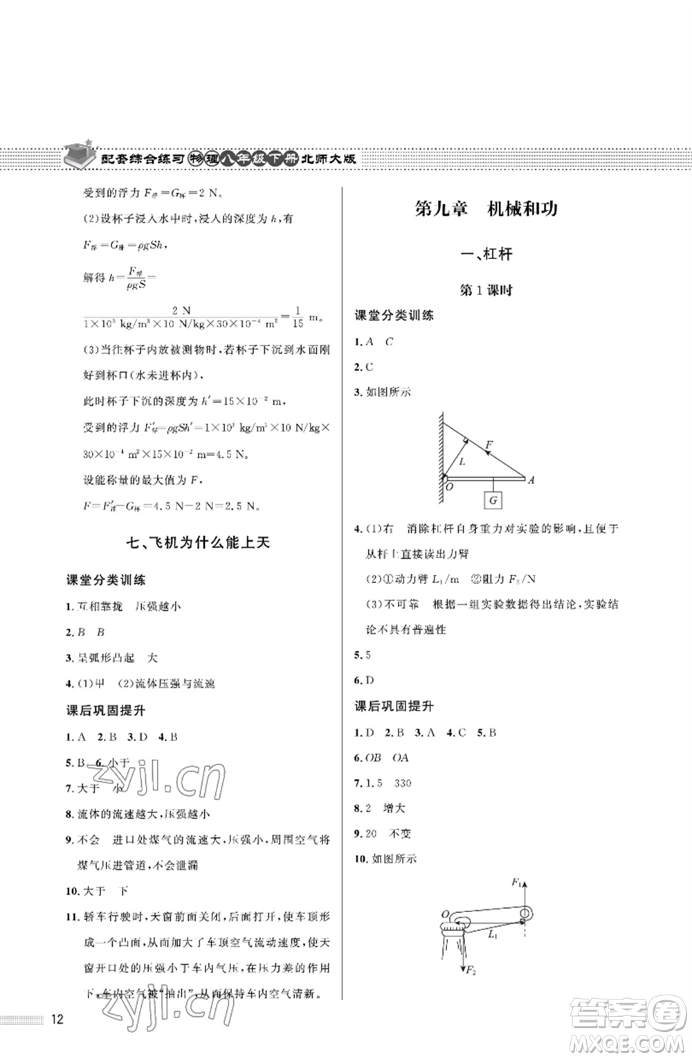 北京師范大學出版社2023物理配套綜合練習八年級下冊北師大版參考答案