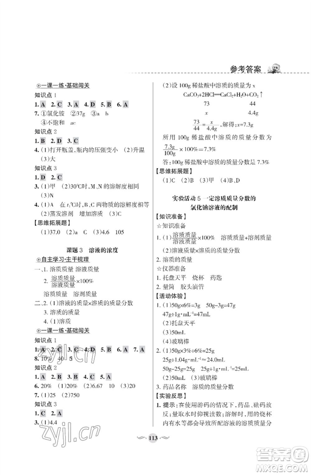 甘肅文化出版社2023化學(xué)配套綜合練習(xí)九年級下冊人教版參考答案