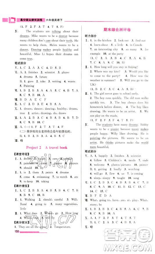 江蘇鳳凰美術(shù)出版社2023高分拔尖提優(yōu)訓(xùn)練六年級(jí)下冊(cè)英語譯林版江蘇專版參考答案