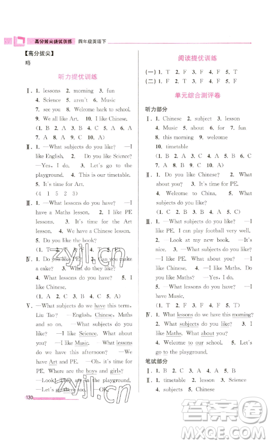 江蘇鳳凰美術(shù)出版社2023高分拔尖提優(yōu)訓(xùn)練四年級(jí)下冊(cè)英語(yǔ)譯林版江蘇專版參考答案