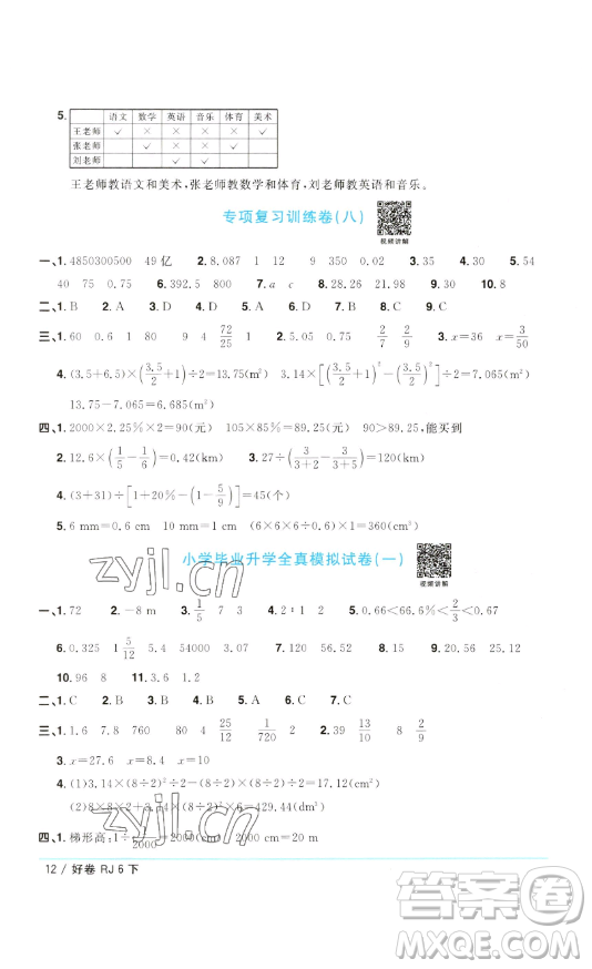 江西教育出版社2023陽光同學(xué)一線名師全優(yōu)好卷六年級(jí)數(shù)學(xué)下冊人教版參考答案