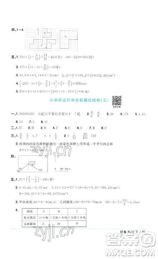 江西教育出版社2023陽光同學(xué)一線名師全優(yōu)好卷六年級(jí)數(shù)學(xué)下冊人教版參考答案