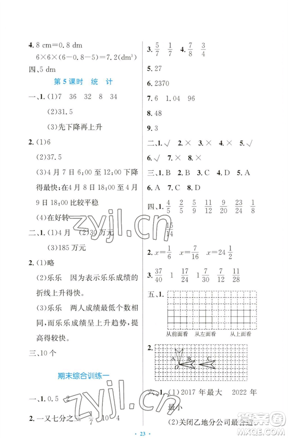 人民教育出版社2023小學同步測控優(yōu)化設計五年級數(shù)學下冊人教版增強版參考答案