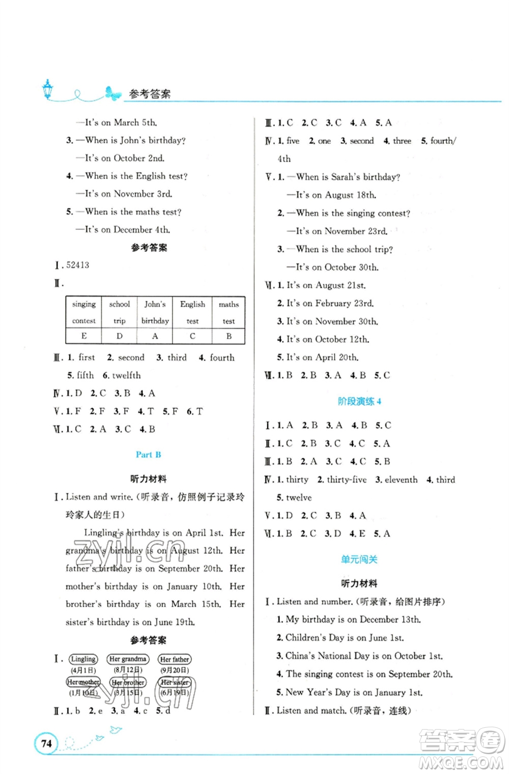 人民教育出版社2023小學(xué)同步測控優(yōu)化設(shè)計(jì)五年級(jí)英語下冊(cè)人教PEP版精編版參考答案