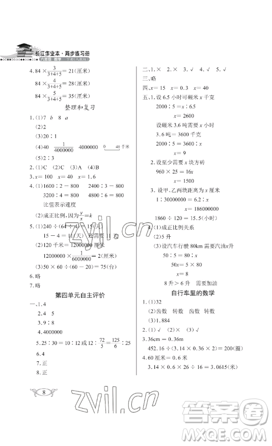 湖北教育出版社2023長江作業(yè)本同步練習(xí)冊六年級數(shù)學(xué)下冊人教版參考答案