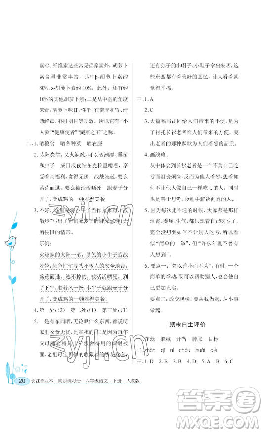 湖北教育出版社2023長(zhǎng)江作業(yè)本同步練習(xí)冊(cè)六年級(jí)語(yǔ)文下冊(cè)人教版參考答案