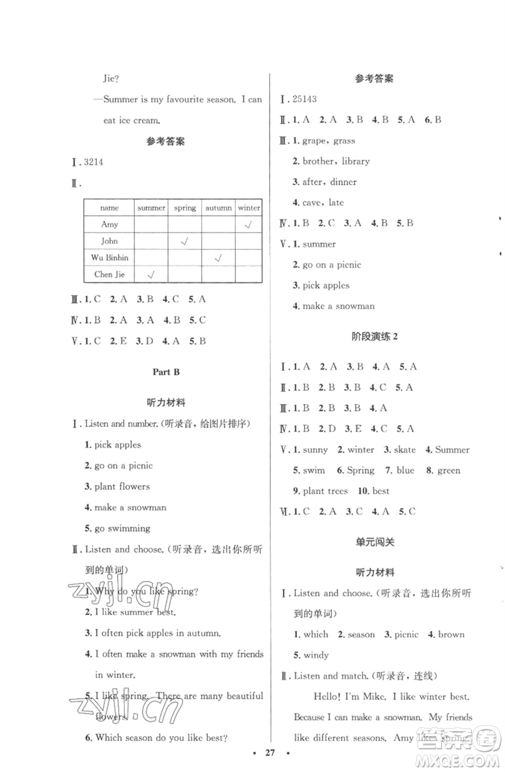 人民教育出版社2023小學(xué)同步測控優(yōu)化設(shè)計五年級英語下冊人教PEP版三起廣東專版參考答案