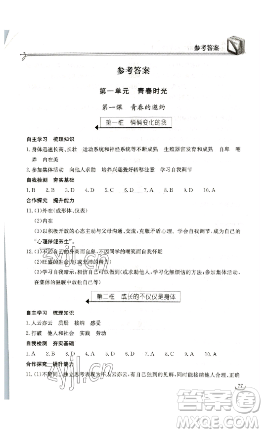 湖北教育出版社2023長江作業(yè)本同步練習(xí)冊七年級道德與法治下冊人教版參考答案