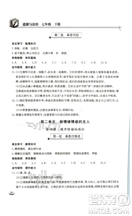 湖北教育出版社2023長江作業(yè)本同步練習(xí)冊七年級道德與法治下冊人教版參考答案