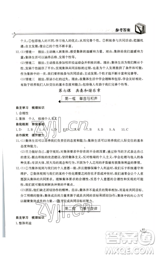 湖北教育出版社2023長江作業(yè)本同步練習(xí)冊七年級道德與法治下冊人教版參考答案