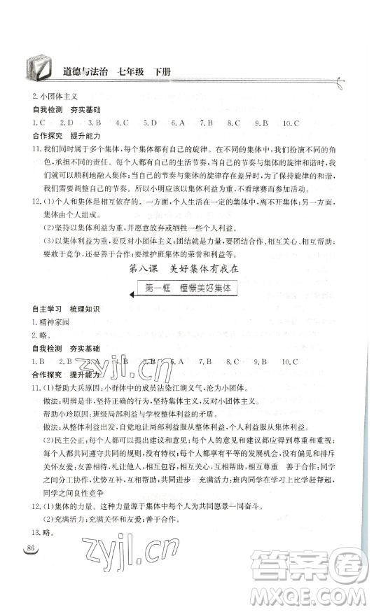 湖北教育出版社2023長江作業(yè)本同步練習(xí)冊七年級道德與法治下冊人教版參考答案