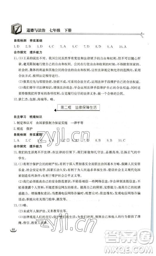 湖北教育出版社2023長江作業(yè)本同步練習(xí)冊七年級道德與法治下冊人教版參考答案