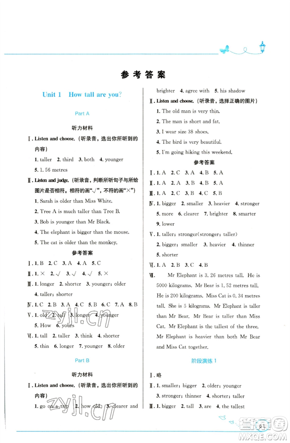 人民教育出版社2023小學(xué)同步測控優(yōu)化設(shè)計六年級英語下冊人教PEP版精編版參考答案