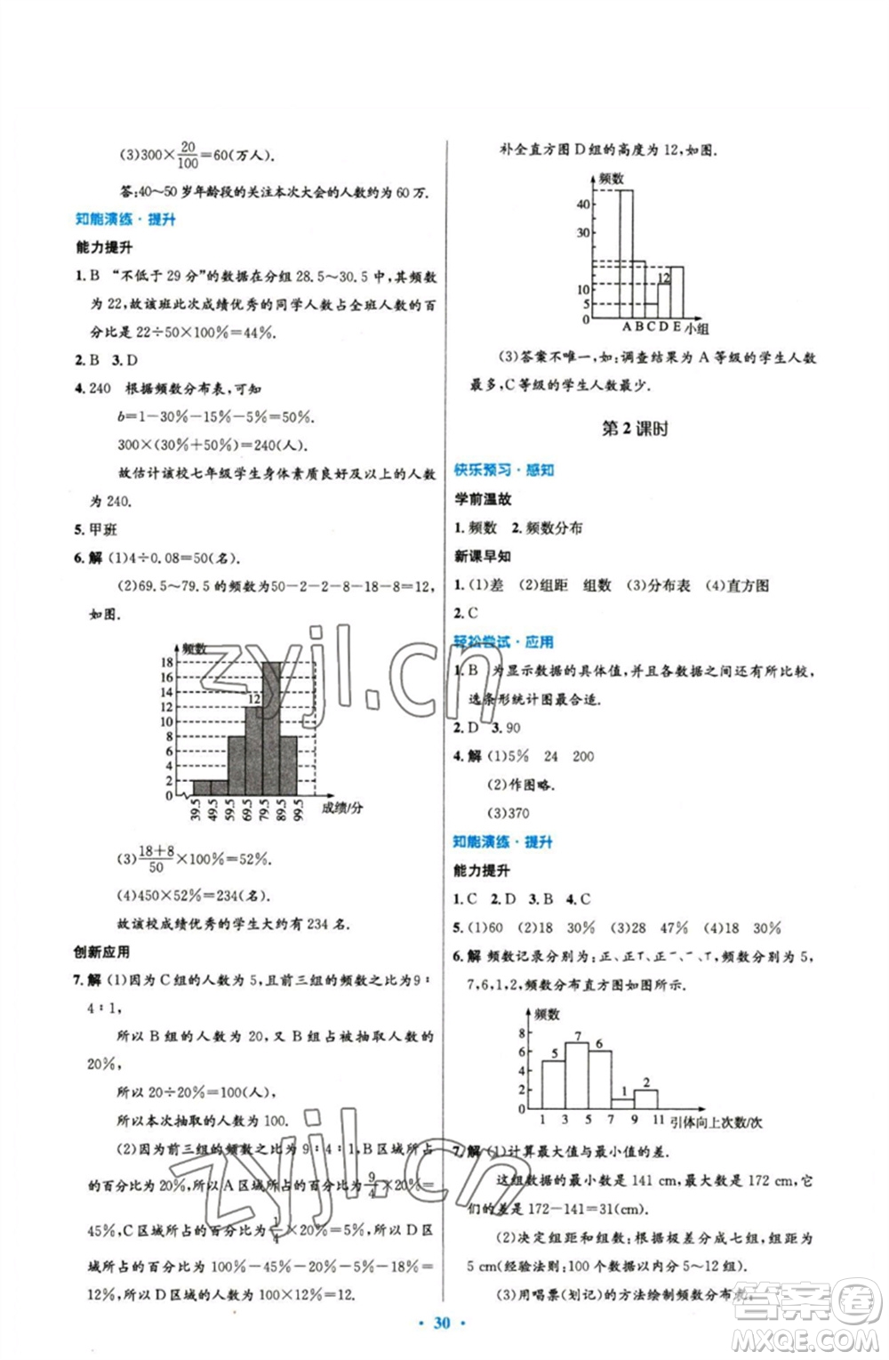 人民教育出版社2023初中同步測(cè)控優(yōu)化設(shè)計(jì)七年級(jí)數(shù)學(xué)下冊(cè)人教版參考答案