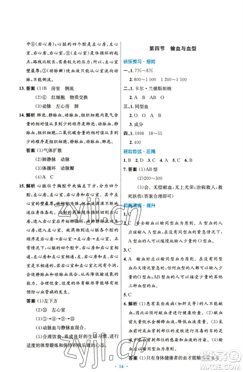 人民教育出版社2023初中同步測控優(yōu)化設計七年級生物下冊人教版精編版參考答案