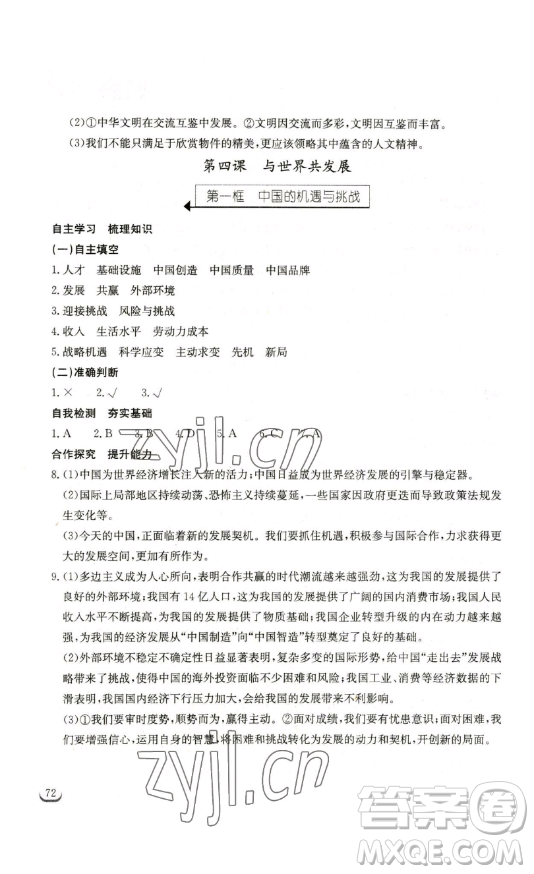 湖北教育出版社2023長江作業(yè)本同步練習(xí)冊九年級道德與法治下冊人教版參考答案