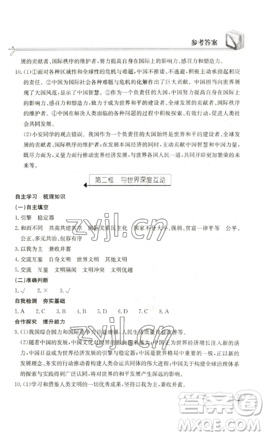 湖北教育出版社2023長江作業(yè)本同步練習(xí)冊九年級道德與法治下冊人教版參考答案